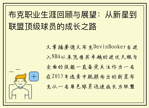 布克职业生涯回顾与展望：从新星到联盟顶级球员的成长之路