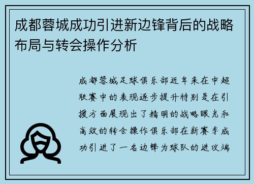 成都蓉城成功引进新边锋背后的战略布局与转会操作分析