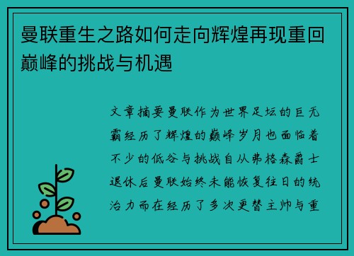 曼联重生之路如何走向辉煌再现重回巅峰的挑战与机遇