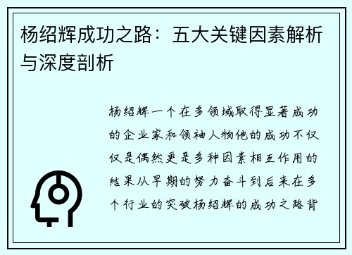 杨绍辉成功之路：五大关键因素解析与深度剖析